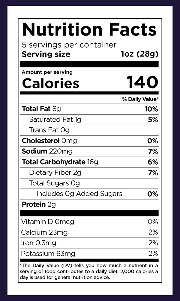 Nutrition facts for Xaca Avocado Oil Chips Baja Gold Sea Salt