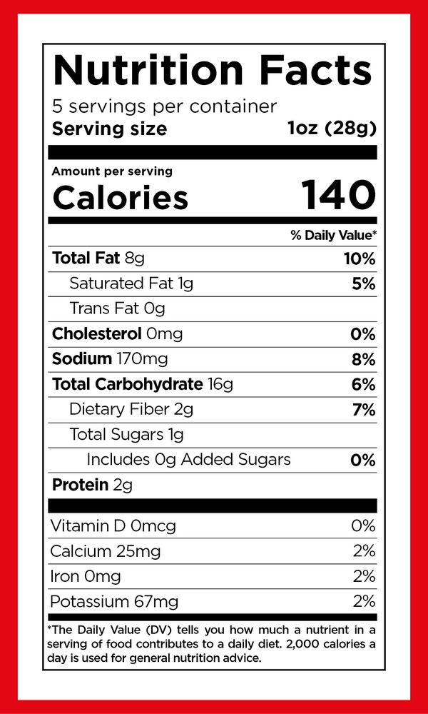 Nutrition facts for Xaca Avocado Oil Chips Chile & Lime