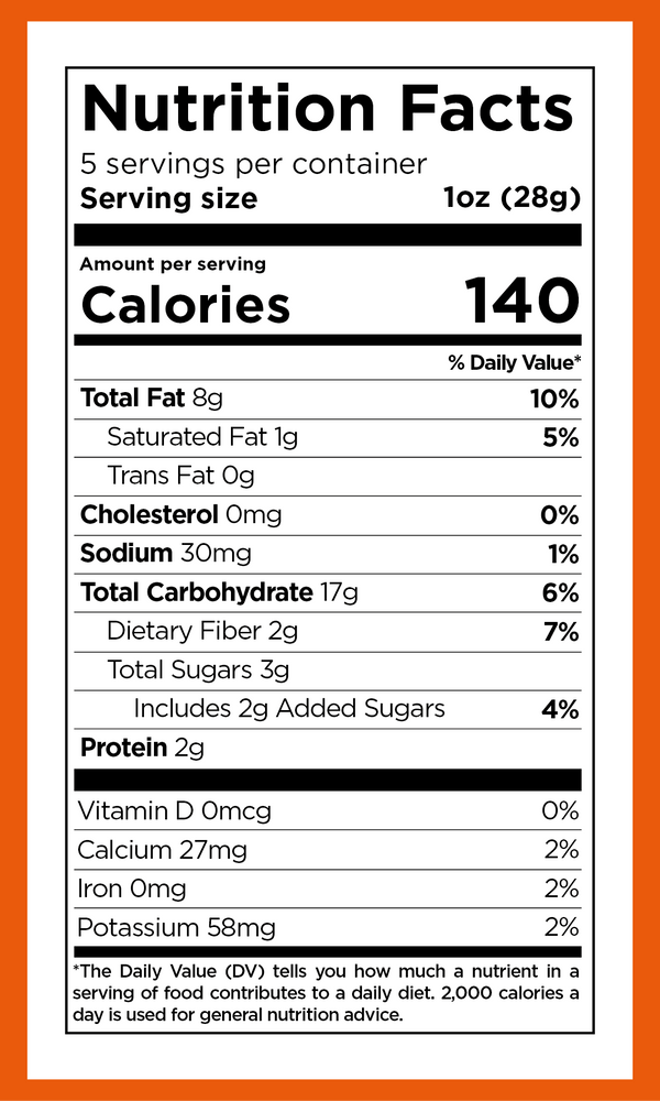 Nutrition facts for Xaca Avocado Oil Chips Cinnamon Churro (sample)