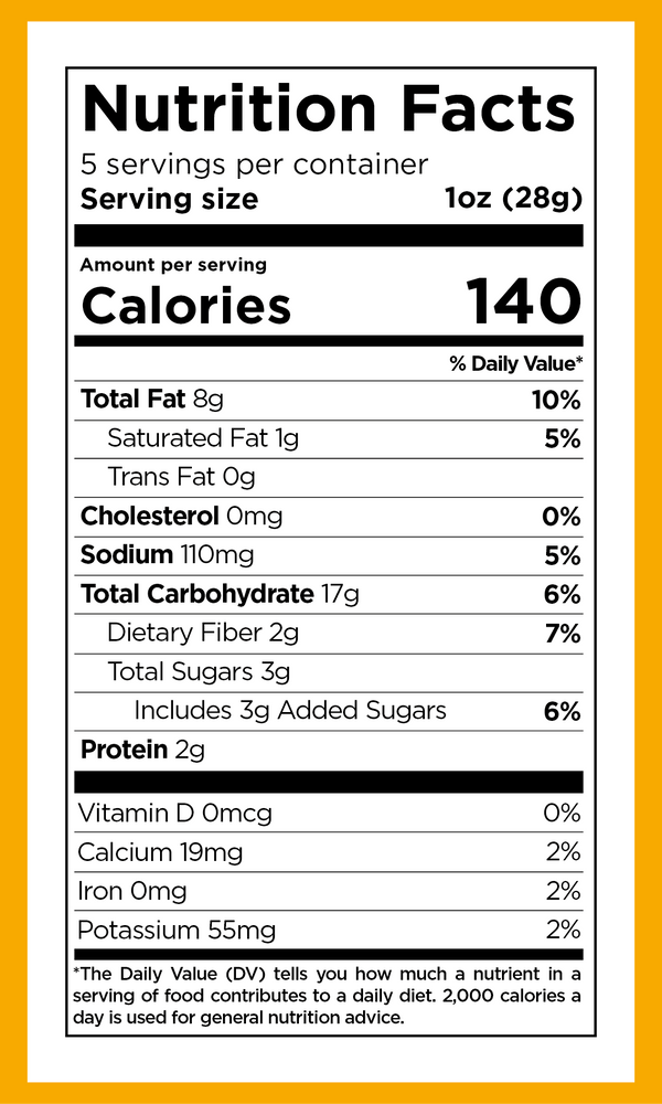 Nutrition facts for Xaca Avocado Oil Chips Hot Honey