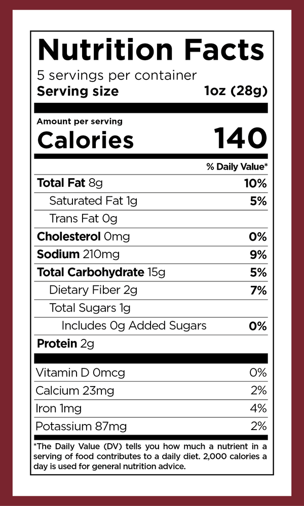 Nutrition facts for Xaca Avocado Oil Chips Mole (sample)