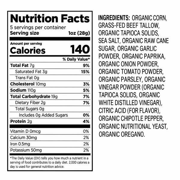 Nutrition facts for Xaca Tallow Chips Birria
